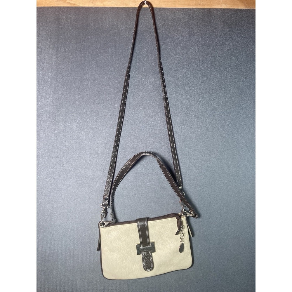Vera Pelle Made in Italy Pebbled Leather H Wristlet Shoulder Bag White Brown